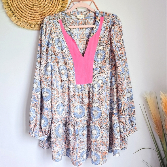 Ott, Blue Pink Boho Floral Relaxed Tiered Blouson Sleeve Tunic Top, Size 2X - Picture 1 of 8